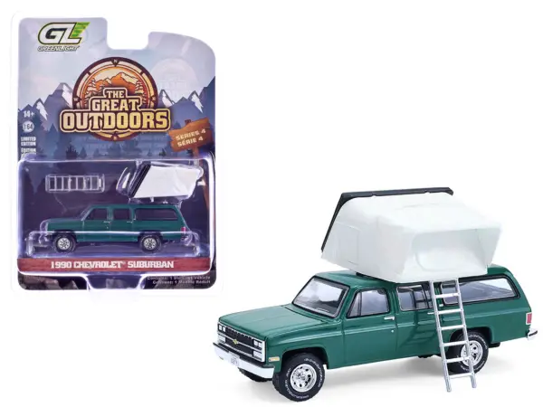 1990 Chevrolet Suburban Green with Modern Rooftop Camper "The Great Outdoors" Series 4 1/64 Diecast Model Car by Greenlight #1