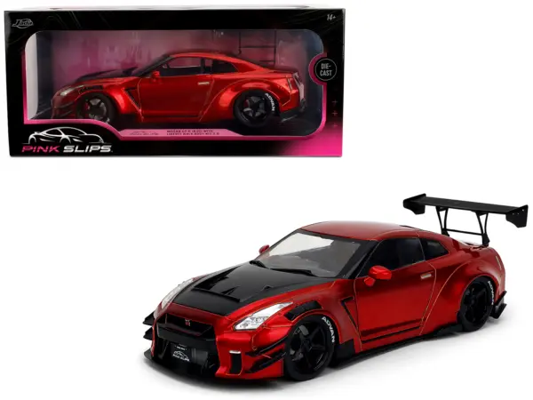 Nissan GT-R (R35) Liberty Walk Body Kit 2.0 RHD (Right Hand Drive) Red Metallic with Carbon Hood "Pink Slips" Series 1/18 Diecast Model Car by Jada #1