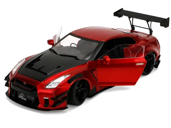 Nissan GT-R (R35) Liberty Walk Body Kit 2.0 RHD (Right Hand Drive) Red Metallic with Carbon Hood "Pink Slips" Series 1/18 Diecast Model Car by Jada #2