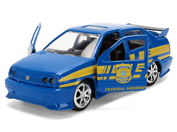 Volkswagen Jetta Police Vehicle "Rio Federal Highway Police" Blue with Yellow Stripes "Fast Five" (2011) Movie "Fast & Furious" Series 1/32 Diecast Model Car by Jada #2