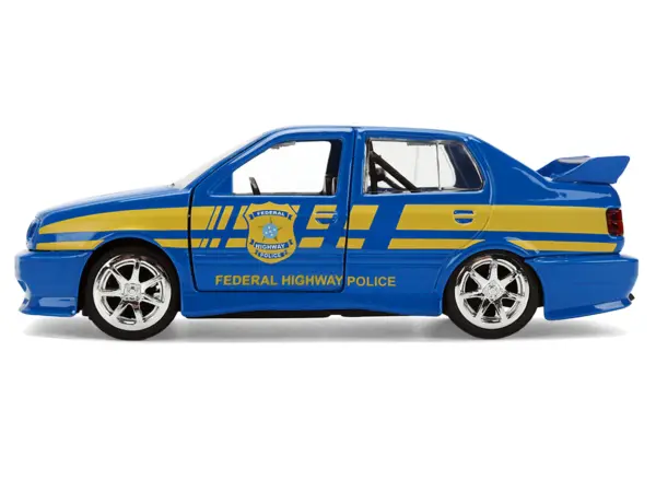 Volkswagen Jetta Police Vehicle "Rio Federal Highway Police" Blue with Yellow Stripes "Fast Five" (2011) Movie "Fast & Furious" Series 1/32 Diecast Model Car by Jada #3