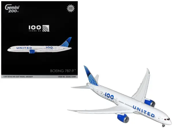 Boeing 787-9 Commercial Aircraft with Flaps Down "United Airlines 100 Years" (N61101) White with Graphics and Blue Tail "Gemini 200" Series 1/200 Diecast Model by GeminiJets #1