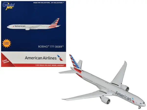 Boeing 777-300ER Commercial Aircraft with Flaps Down "American Airlines" (N722AN) Gray with Striped Tail 1/400 Diecast Model by GeminiJets #1
