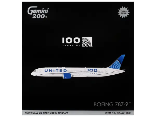 Boeing 787-9 Commercial Aircraft with Flaps Down "United Airlines 100 Years" (N61101) White with Graphics and Blue Tail "Gemini 200" Series 1/200 Diecast Model by GeminiJets #3