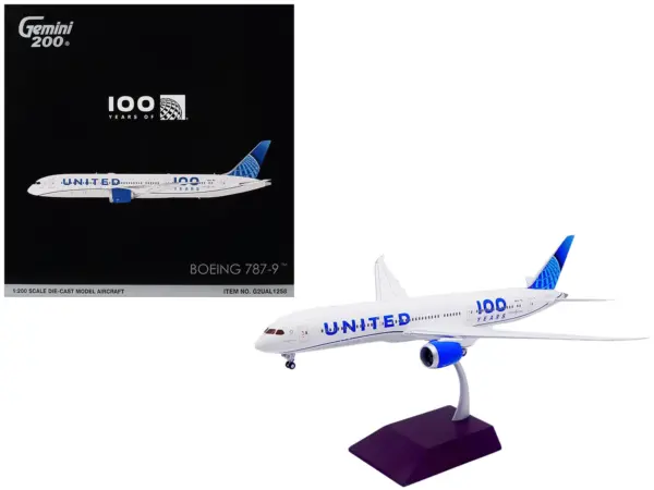 Boeing 787-9 Commercial Aircraft "United Airlines 100 Years" (N61101) White with Graphics and Blue Tail "Gemini 200" Series 1/200 Diecast Model by GeminiJets #1