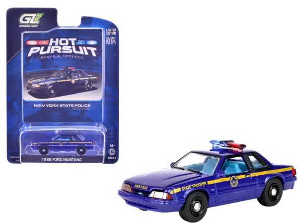 1988 Ford Mustang "New York State Police" Blue with Yellow Stripes and Blue Interior "Hot Pursuit" Series 8 1/64 Diecast Model Car by Greenlight #1