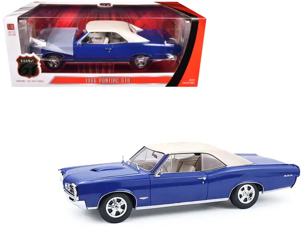 1966 Pontiac GTO Barrier Blue with White Top and Interior 1/18 Diecast Model Car by Highway 61 #1