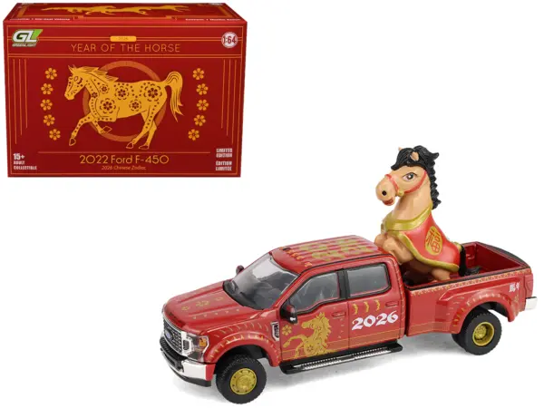 2022 Ford F-450 Dually Pickup Truck "Chinese Zodiac 2026 Year of the Horse" Red with Gold Graphics and Horse Figure "Hobby Exclusive" Series 1/64 Diecast Model Car by Greenlight #1