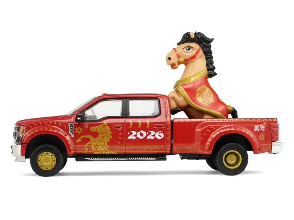 2022 Ford F-450 Dually Pickup Truck "Chinese Zodiac 2026 Year of the Horse" Red with Gold Graphics and Horse Figure "Hobby Exclusive" Series 1/64 Diecast Model Car by Greenlight #2
