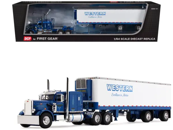 Peterbilt 351 with 63" Flat Top Sleeper and 40' Vintage Trailer with Reefer "Western Distributing" Blue Metallic and White 1/64 Diecast Model by DCP/First Gear #1