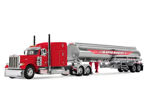 Peterbilt 379 with 63" Mid-Roof Sleeper and Heil Fuel Tank Trailer "Rapid Roberts" Red 1/64 Diecast Model by DCP/First Gear #2