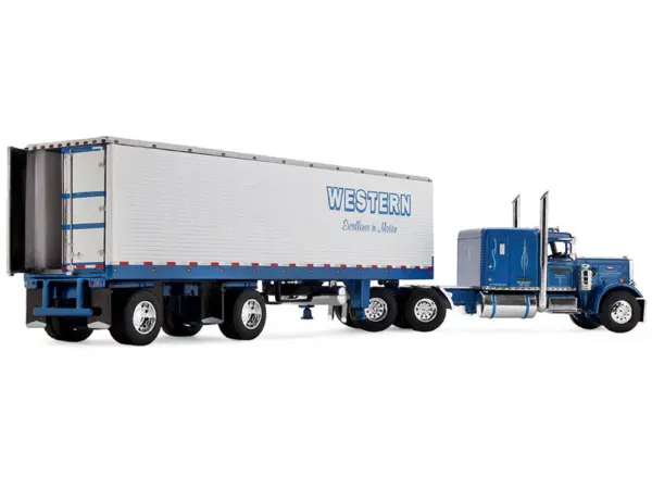 Peterbilt 351 with 63" Flat Top Sleeper and 40' Vintage Trailer with Reefer "Western Distributing" Blue Metallic and White 1/64 Diecast Model by DCP/First Gear #3