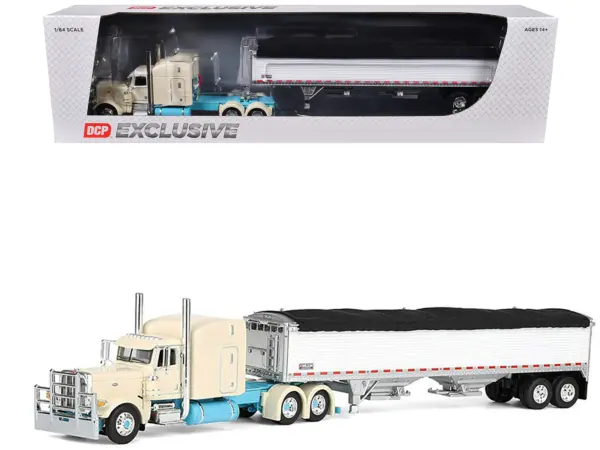 Peterbilt 389 with 63" Mid-Roof Sleeper and 43' Wilson Pacesetter High Sided Grain Trailer "Capitola Trucking" Cream 1/64 Diecast Model by DCP/First Gear #1