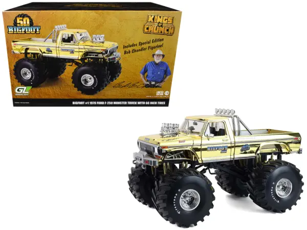 1979 Ford F-250 Monster Truck "Bigfoot #1 50th Anniversary" Gold Chrome with Bob Chandler Standing Figure "Kings of Crunch" Series 1/18 Diecast Model Car by Greenlight #1