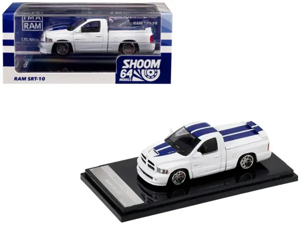 2003 Dodge Ram SRT-10 Pickup Truck White with Blue Stripes 1/64 Diecast Model Car by Shoom64 Models #1