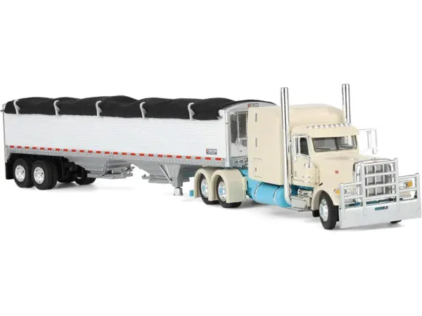 Peterbilt 389 with 63" Mid-Roof Sleeper and 43' Wilson Pacesetter High Sided Grain Trailer "Capitola Trucking" Cream 1/64 Diecast Model by DCP/First Gear #5