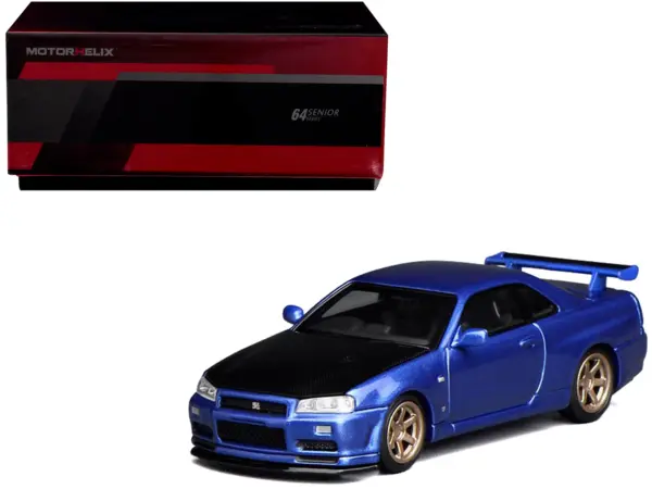Nissan Skyline GT-R (R34) V-Spec II RHD (Right Hand Drive) Bayside Blue Metallic with Carbon Hood "Senior 64" Series 1/64 Diecast Model Car by MotorHelix #1