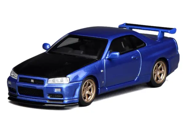 Nissan Skyline GT-R (R34) V-Spec II RHD (Right Hand Drive) Bayside Blue Metallic with Carbon Hood "Senior 64" Series 1/64 Diecast Model Car by MotorHelix #2