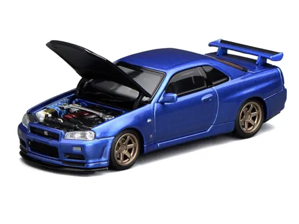 Nissan Skyline GT-R (R34) V-Spec II RHD (Right Hand Drive) Bayside Blue Metallic with Carbon Hood "Senior 64" Series 1/64 Diecast Model Car by MotorHelix #3