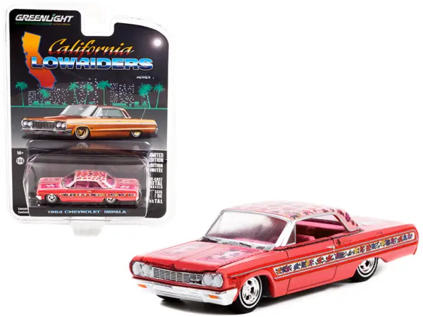 1964 Chevrolet Impala Lowrider Pink Metallic with Rose Graphics and Pink Interior "California Lowriders" Release 1 1/64 Diecast Model Car by Greenlight #1