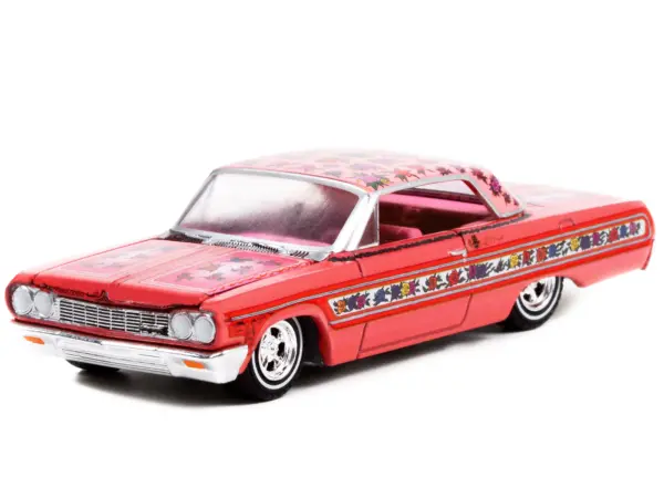 1964 Chevrolet Impala Lowrider Pink Metallic with Rose Graphics and Pink Interior "California Lowriders" Release 1 1/64 Diecast Model Car by Greenlight #2