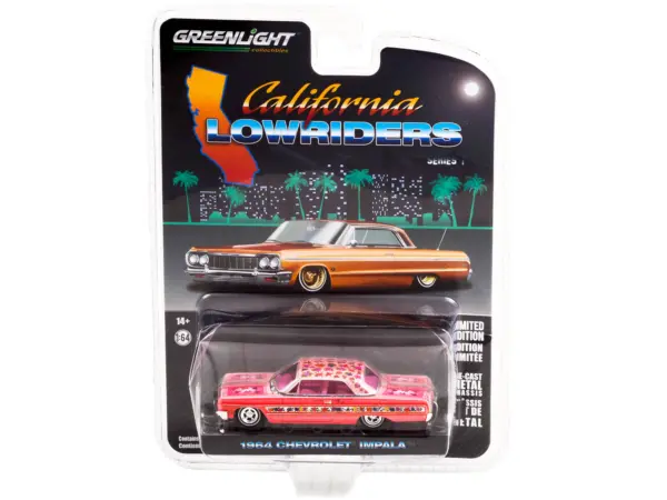 1964 Chevrolet Impala Lowrider Pink Metallic with Rose Graphics and Pink Interior "California Lowriders" Release 1 1/64 Diecast Model Car by Greenlight #3