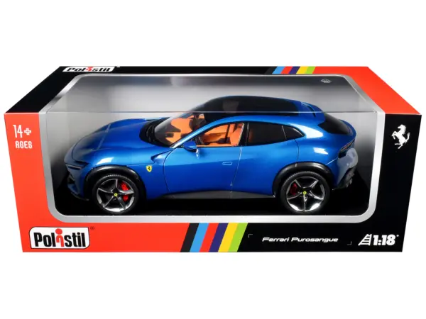 2022 Ferrari Purosangue Blu Corsa Blue Metallic with Black Top and Orange Interior 1/18 Diecast Model Car by Polistil #1