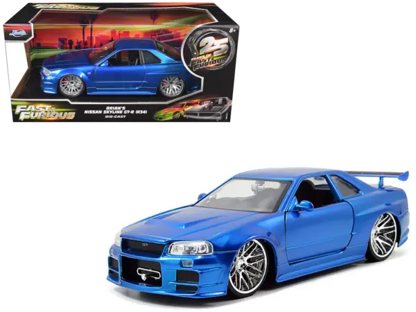 Brian's Nissan GTR Skyline R34 RHD (Right Hand Drive) Blue 25th Anniversary "Fast & Furious" Movie 1/24 Diecast Model Car by Jada #1