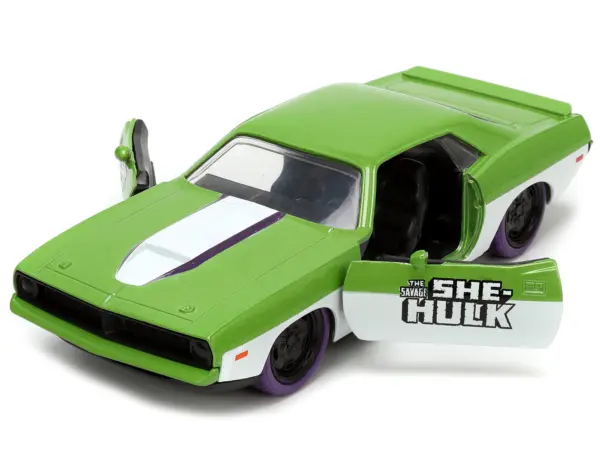 1973 Plymouth Barracuda Green Metallic and White and She-Hulk Diecast Figure "The Savage She-Hulk" "Hollywood Rides" Series 1/32 Diecast Model Car by Jada #2