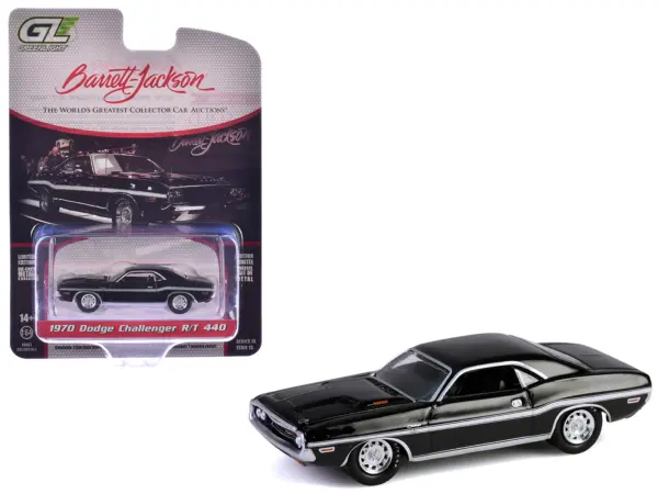 1970 Dodge Challenger R/T 440 Black with White Stripes "Barrett-Jackson" Series 15 1/64 Diecast Model Car by Greenlight #1