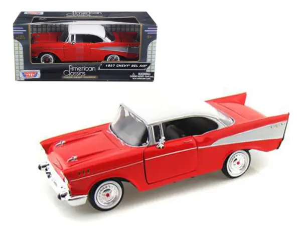 1957 Chevrolet Bel Air Red with White Top 1/24 Diecast Model Car by Motormax #1