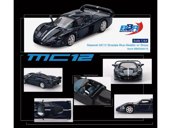 Maserati MC12 Stradale Blue Metallic with White Stripe 1/64 Diecast Model Car by BBR #3