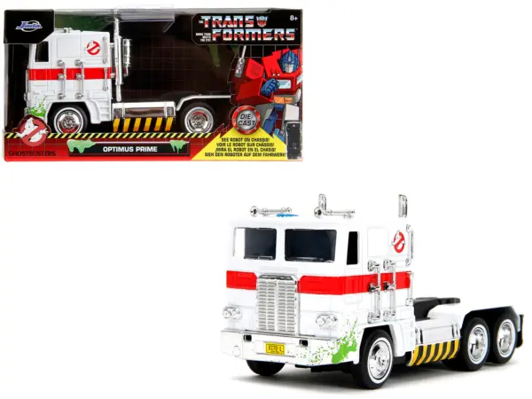 G1 Autobot Optimus Prime Truck White with Robot on Chassis from "Transformers" TV Series - "Ghostbusters" (1984) Movie Crossover "Hollywood Rides" Series Diecast Model by Jada #1