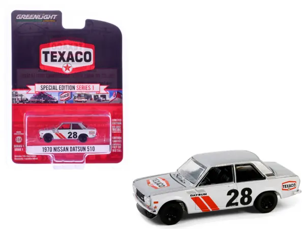 1970 Nissan Datsun 510 #28 "Texaco" Silver Metallic and White with Red Stripes "Texaco Special Edition" Series 1 1/64 Diecast Model Car by Greenlight #1