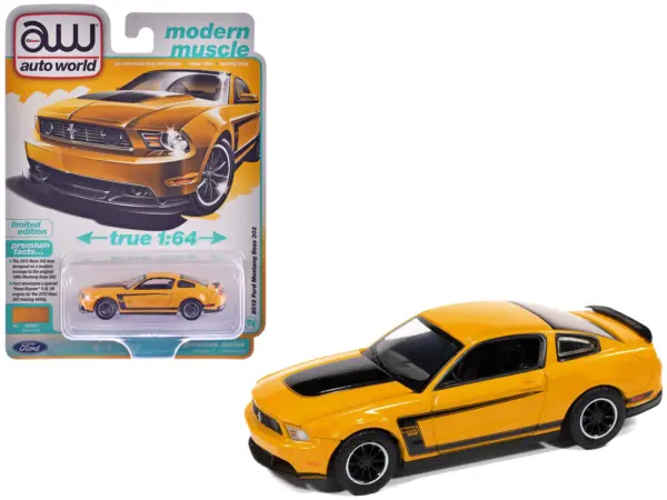 2012 Ford Mustang Boss 302 Yellow Blaze with Black Accents "Modern Muscle" Series 1/64 Diecast Model Car by Auto World #1