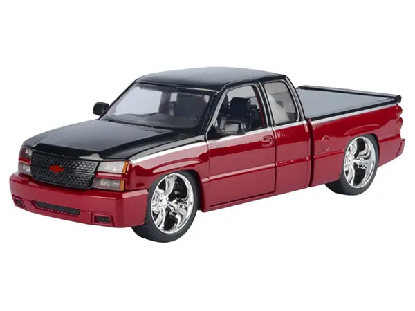 2006 Chevrolet Silverado Custom Pickup Truck Red Metallic and Black with Silver Stripes "Die-Cast Collection" Series 1/25 Diecast Model Car by Motormax #2