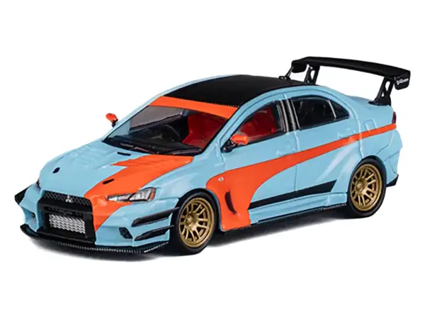 Mitsubishi Lancer Evolution X Varis RHD (Right Hand Drive) Light Blue with Black Top and Orange Stripes 1/64 Diecast Model Car by CM Model #3