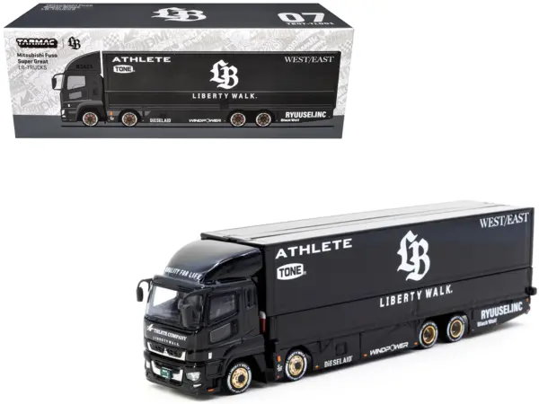 Mitsubishi Fuso Super Great Truck RHD (Right Hand Drive) with Transporter "Liberty Walk" Black "Truck64" Series 1/64 Diecast Model Car by Tarmac Works #1