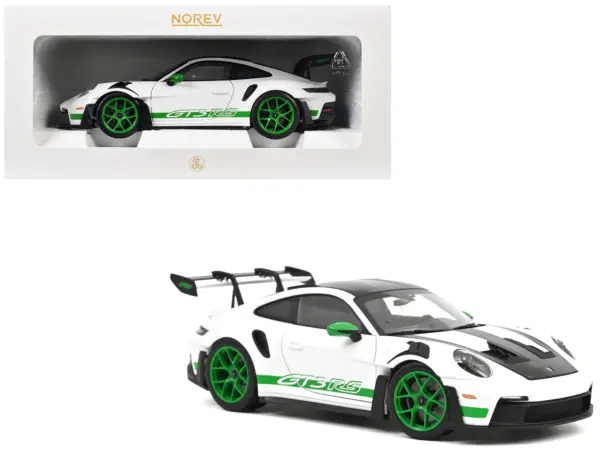 2022 Porsche 911 GT3 RS Weissach Pack White with Green Stripes And Carbon Hood and Top 1/18 Diecast Model Car by Norev #1