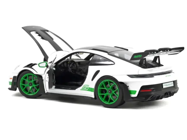 2022 Porsche 911 GT3 RS Weissach Pack White with Green Stripes And Carbon Hood and Top 1/18 Diecast Model Car by Norev #2