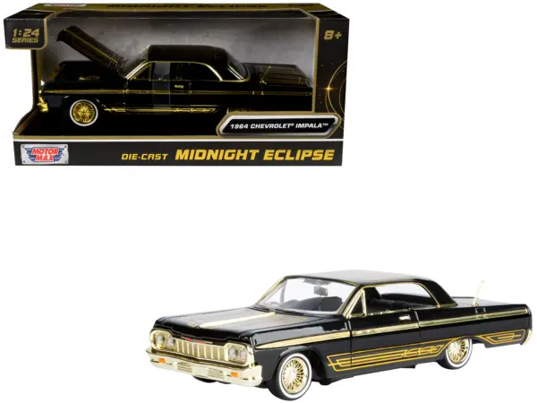 1964 Chevrolet Impala Lowrider Black with Gold Graphics and Wheels "Midnight Eclipse" Series 1/24 Diecast Model Car by Motormax #1