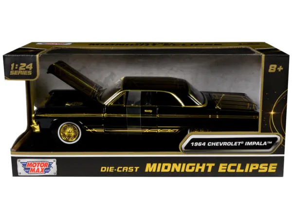 1964 Chevrolet Impala Lowrider Black with Gold Graphics and Wheels "Midnight Eclipse" Series 1/24 Diecast Model Car by Motormax #3