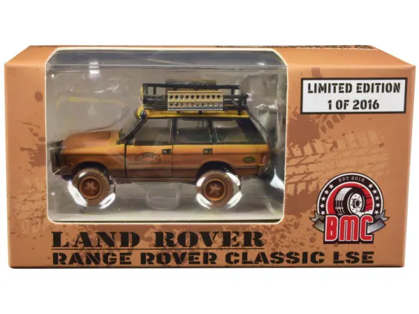 Land Rover Range Rover Classic LSE RHD (Right Hand Drive) "Camel Trophy" Yellow (Dirty Mud Version) with Roof Rack Extra Wheels and Accessories Limited Edition to 2016 pieces Worldwide 1/64 Diecast Model Car by BM Creations #1