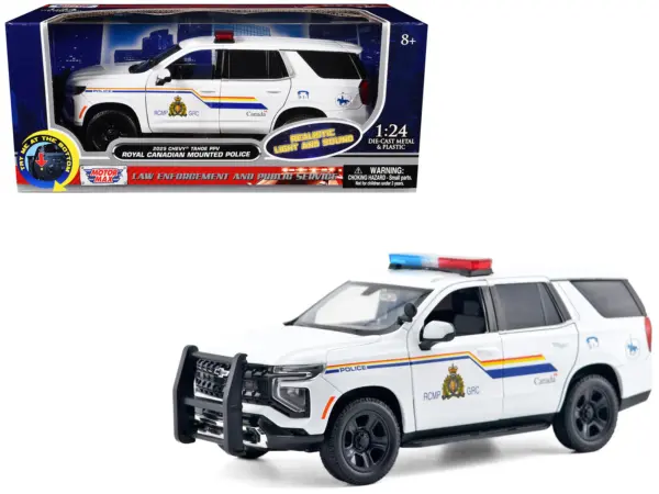 2025 Chevrolet Tahoe PPV "RCMP (Royal Canadian Mounted Police)" White with Stripes with Flashing Light Bar and Front and Rear Lights and Sounds 1/24 Diecast Model Car by Motormax #1