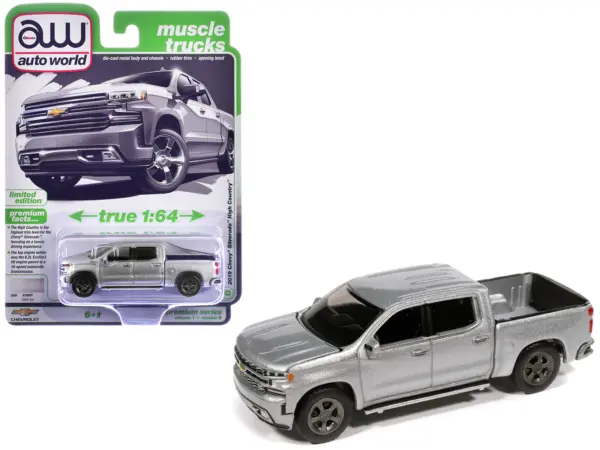 2019 Chevrolet Silverado High Country Pickup Truck Silver Ice Metallic "Muscle Trucks" Series 1/64 Diecast Model Car by Auto World #1