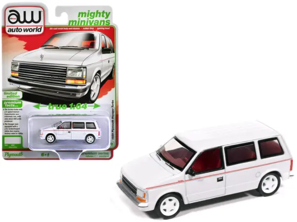 1989 Plymouth Voyager Turbo Van Bright White with Red Stripes and Interior "Mighty Minivans" Series 1/64 Diecast Model Car by Auto World #1