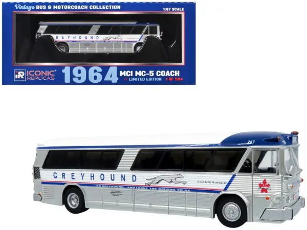 1964 MCI MC-5A Coach Bus "Greyhound Canada" White with Blue Stripes "Vintage Bus & Motorcoach Collection" Limited Edition to 504 pieces Worldwide 1/87 (HO) Diecast Model by Iconic Replicas #1