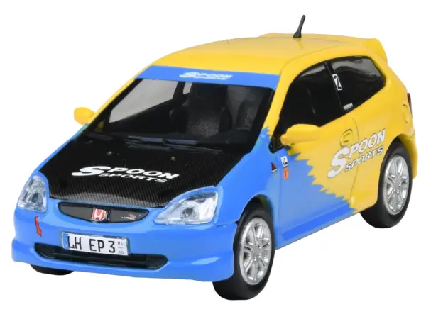 2001 Honda Civic Type R EP3 Blue and Yellow with Black Hood "Spoon Sports" 1/64 Diecast Model Car by Paragon Models #2