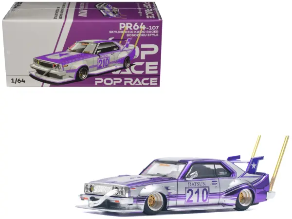 Skyline C210 Kaido Racer "Bosozoku Style" RHD (Right Hand Drive) #210 Purple and Silver 1/64 Diecast Model Car by Pop Race #1