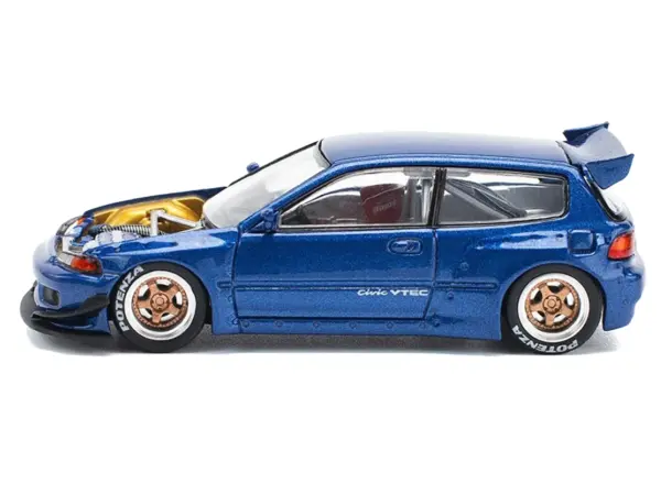 Pandem Civic EG6 VTEC RHD (Right Hand Drive) Blue Metallic with No Hood 1/64 Diecast Model Car by Pop Race #2